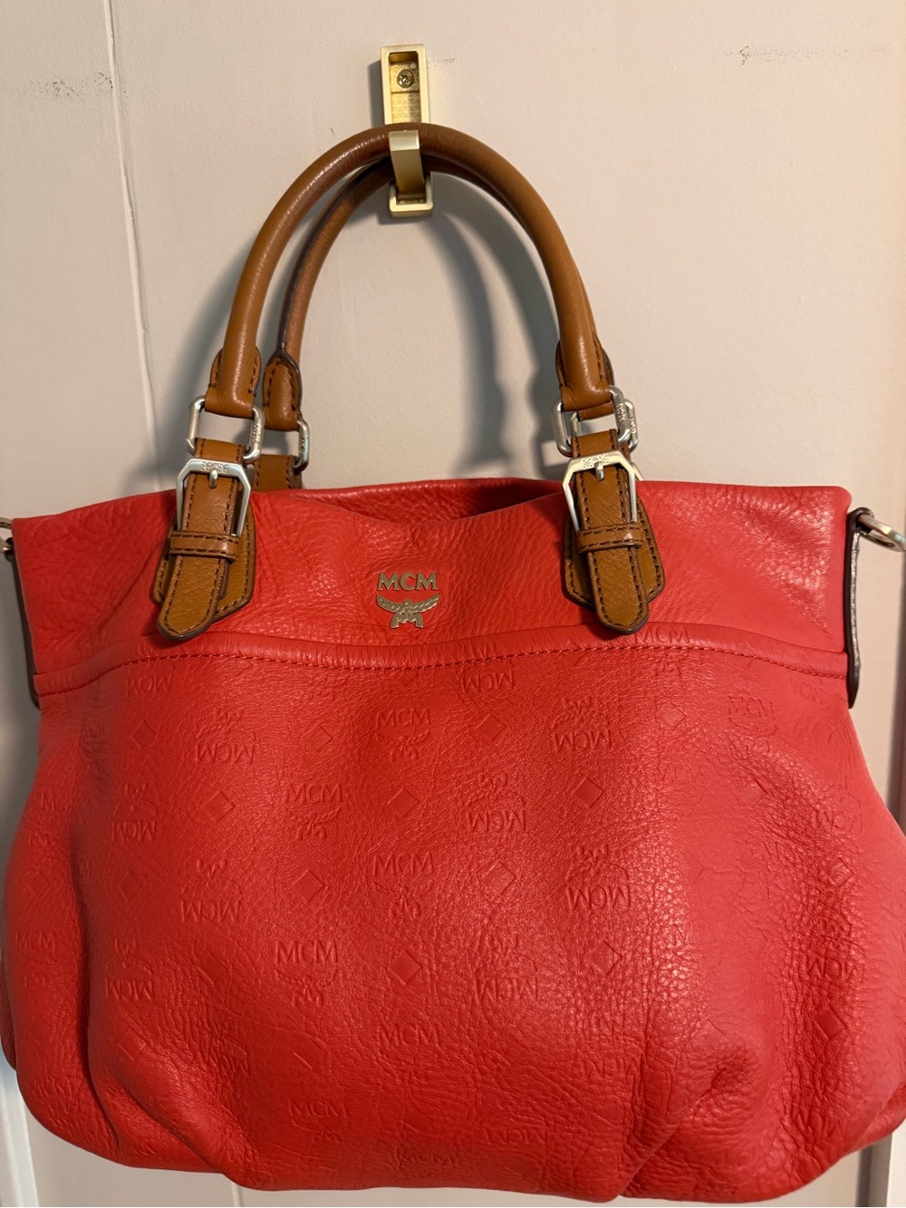 MCM Red Leather Tote with Brown Handles